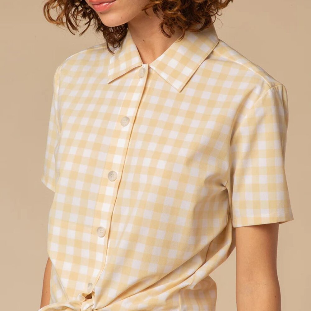 WAYRE Yellow & White Gingham Checkered Tie Front Button Up Crop Size Small